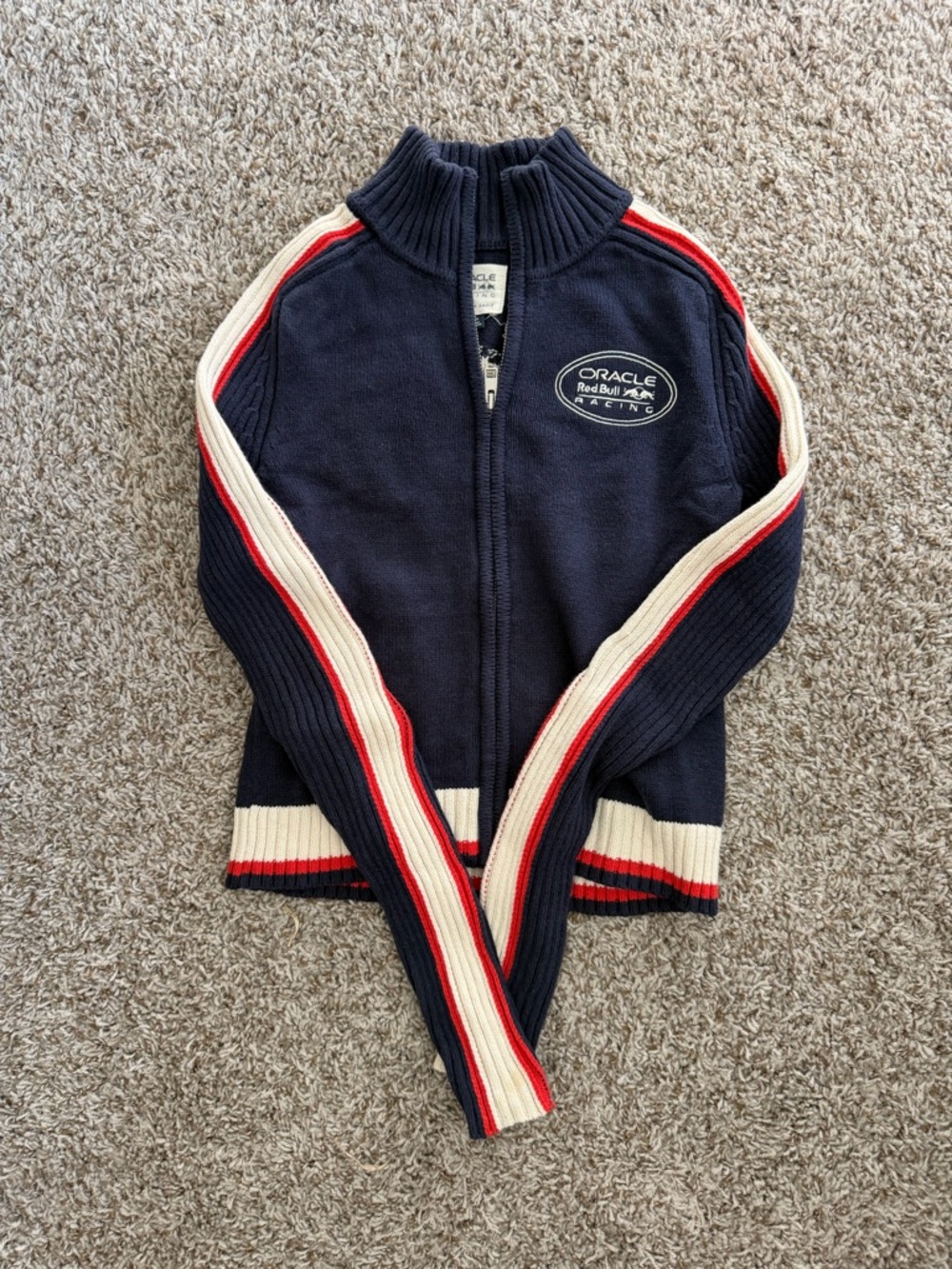 American Eagle Outfitters Navy Zip Front Sweater with Red & Cream Stripes